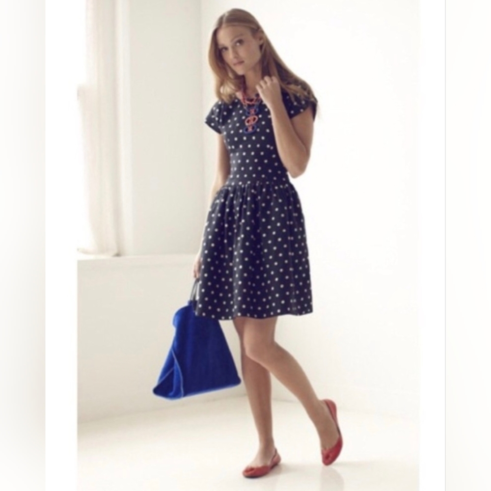 Anthropologie Navy and White Polka Dot Midi Dress